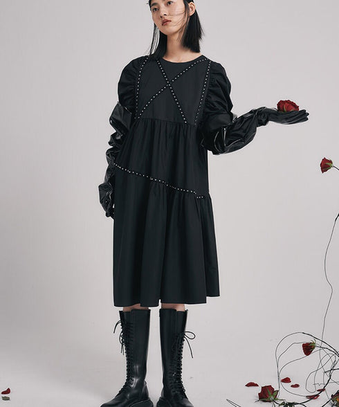 Studded Puff Sleeve Flare Dress